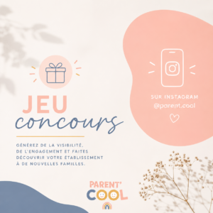 Illustration du service Jeu concours Instagram Parent Cool pour aider les professionnels family-friendly à gagner en visibilité auprès des familles.