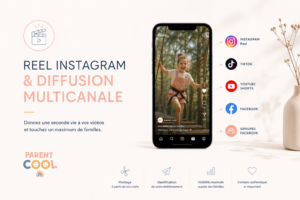 Illustration du service Reel Instagram et diffusion multicanale Parent Cool permettant aux professionnels de promouvoir leur établissement auprès des familles sur Instagram, TikTok, YouTube Shorts et Facebook.