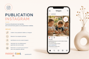 Illustration du service Publication Instagram Parent Cool permettant aux professionnels de promouvoir leur établissement, leur activité ou leur événement auprès d'une communauté locale de familles.