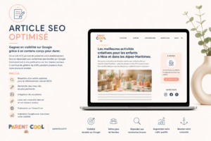 Illustration du service Article SEO optimisé Parent Cool permettant aux professionnels d'améliorer leur visibilité sur Google grâce à un contenu optimisé pour le référencement naturel.