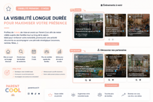 Illustration du service Visibilité Premium 3 mois Parent Cool permettant de mettre en avant un établissement ou un événement sur la page d'accueil et dans les résultats de recherche de la plateforme.