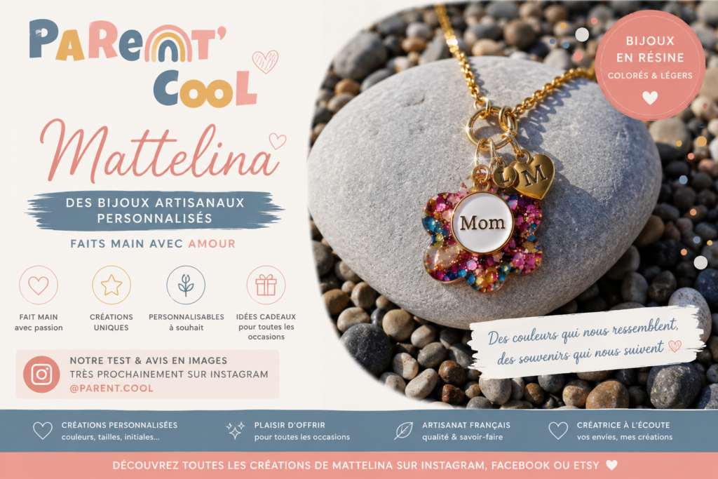Collier personnalisé en résine réalisé à la main par Mattelina, créatrice de bijoux artisanaux à Saint-Étienne, avec les initiales des enfants et les couleurs de Parent Cool.