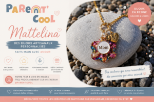 Collier personnalisé en résine réalisé à la main par Mattelina, créatrice de bijoux artisanaux à Saint-Étienne, avec les initiales des enfants et les couleurs de Parent Cool.