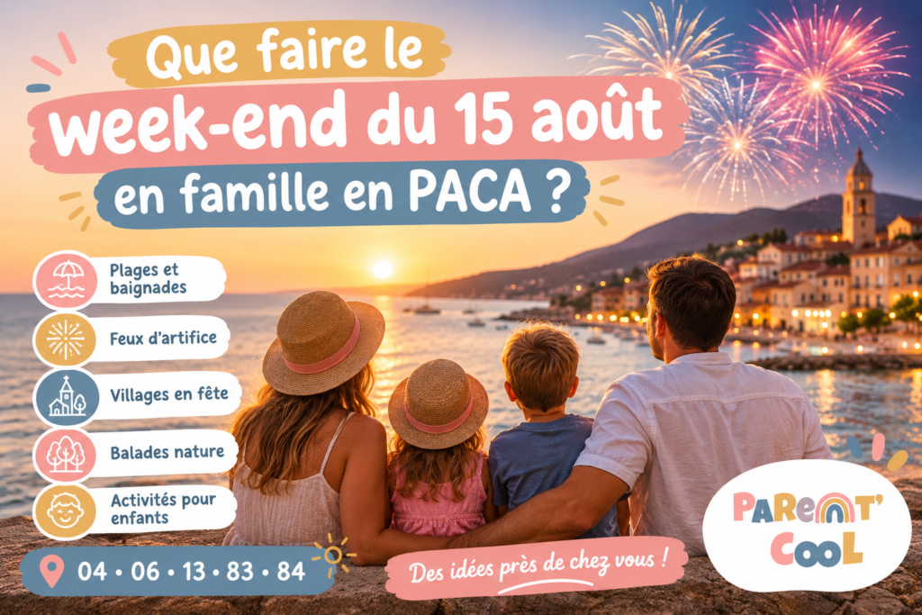 Famille admirant un feu d'artifice au bord de la mer pendant le week-end du 15 août en PACA – idées de sorties en famille par Parent Cool