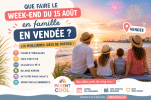 Famille admirant un feu d'artifice sur une plage en Vendée pendant le week-end du 15 août, avec des idées de sorties et d'activités en famille proposées par Parent Cool.