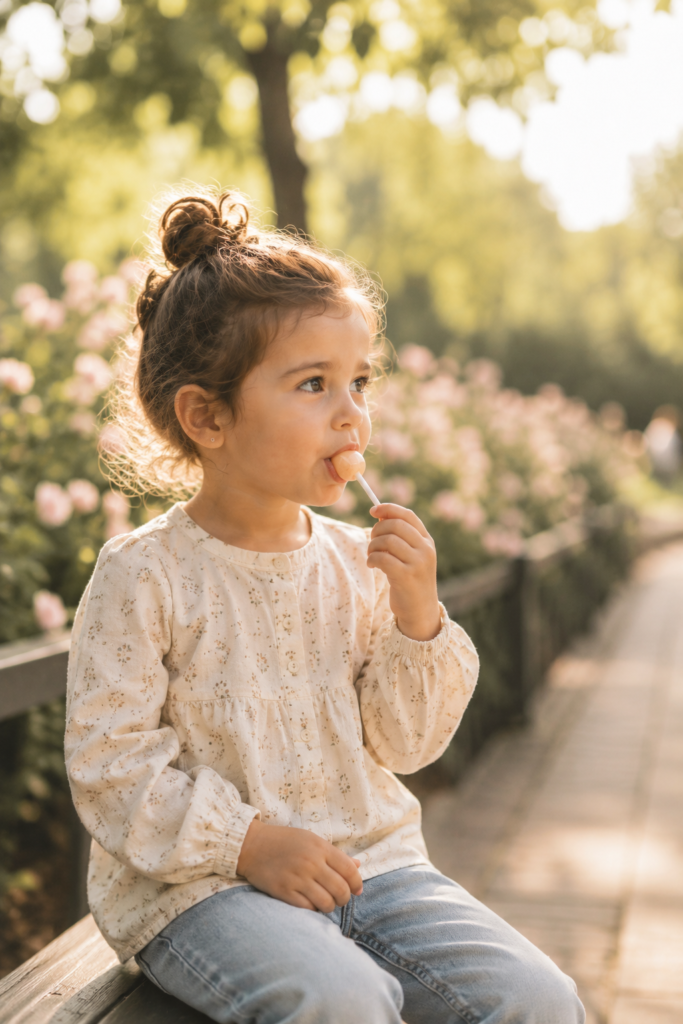 Enfant dégustant une sucette lors d'une promenade en famille.