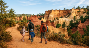 Une famille avec de jeunes enfants se promène sur les sentiers de terre ocre du Colorado Provençal à Rustrel, entourée de falaises spectaculaires aux teintes orange et rouge.