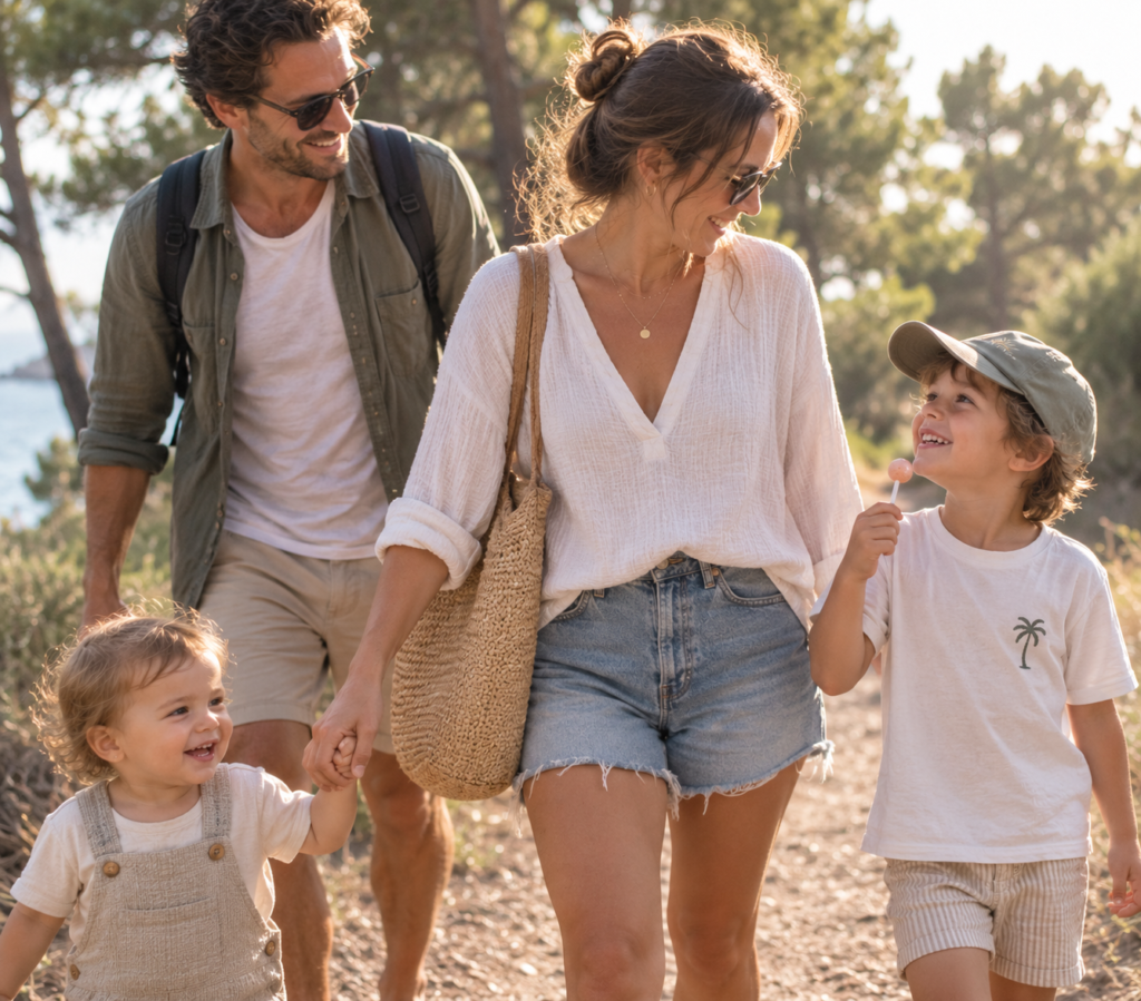 Famille profitant d'une promenade avec un enfant tenant une sucette.