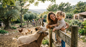 Une famille avec de jeunes enfants observant des chèvres et des poules dans l'enclos arboré de la ferme pédagogique du Collet des Comtes à Marseille, sous une lumière douce de fin de journée.