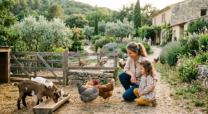 Enfants observant des poules dans une ferme pédagogique à Marseille, ambiance ensoleillée et naturelle.