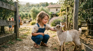 Une petite fille de dos, portant une salopette, s'approche doucement d'une chèvre naine dans un enclos ombragé en Provence. L'ambiance est naturelle, ensoleillée et paisible.