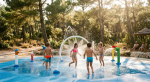 Des enfants qui jouent dans les jets d'eau d'une aire de jeux aquatique située dans une pinède au Luc dans le Var.