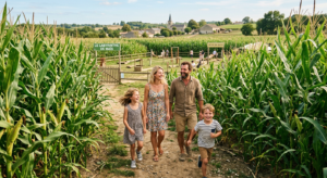 Une famille avec deux enfants s'amusant dans un immense labyrinthe de maïs sous le soleil d'été à Saint-Hilaire-de-Riez.