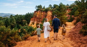 Une famille avec de jeunes enfants se promène sur un sentier de terre ocre entouré de falaises aux teintes orange et rouge dans le Luberon à Roussillon sous un soleil de fin de journée.