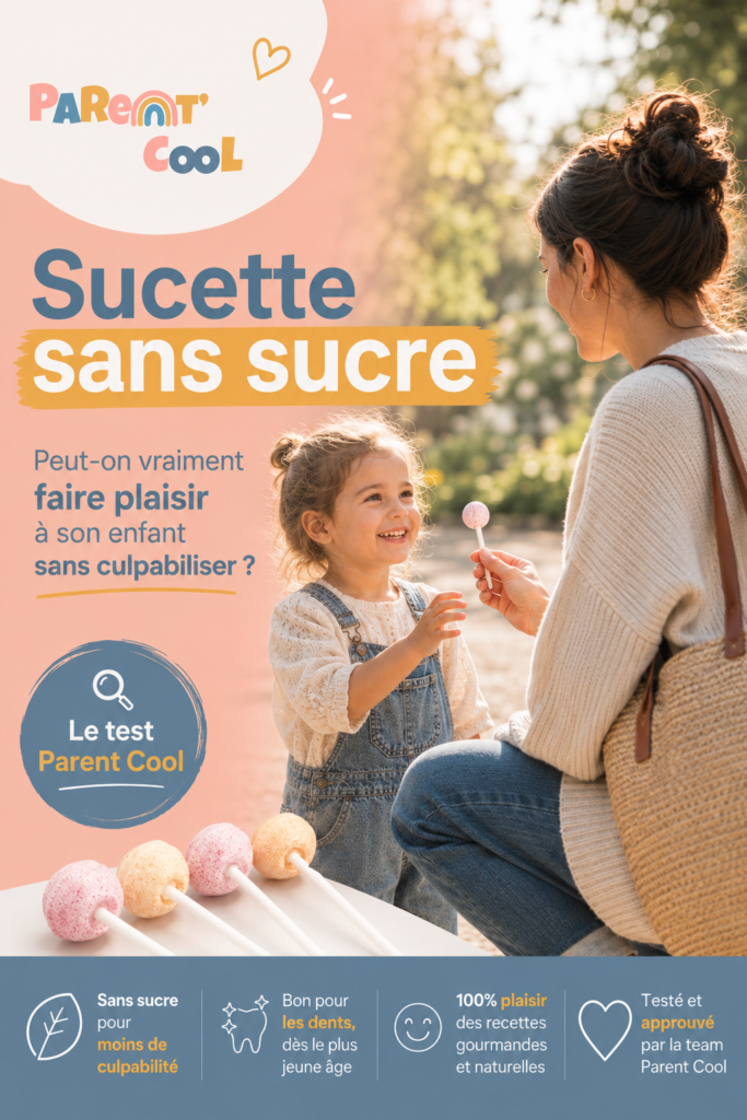Une maman donne une sucette sans sucre à son enfant lors d'une promenade en famille. Parent Cool partage son test de Lollitol comme alternative aux sucettes classiques.