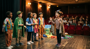 Groupe d'enfants souriants sur une scène de théâtre intimiste à Nice, en train de répéter une pièce dans une ambiance chaleureuse.