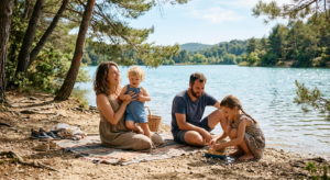 Une famille avec de jeunes enfants profitant d'une journée ensoleillée au bord de l'Étang de la Bonde dans le Luberon, avec des pins et une eau calme en arrière-plan.