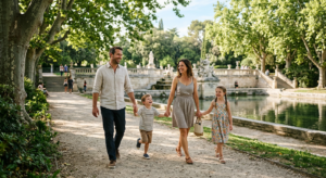 Une famille se promène dans les allées ombragées des Jardins de la Fontaine à Nîmes, avec les bassins historiques et la végétation méditerranéenne en arrière-plan.