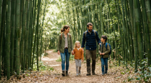 Une famille se promène sur un sentier bordé de bambous géants à la Bambouseraie en Cévennes.
