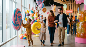 Une famille heureuse découvrant les couleurs et les formes des bonbons dans un espace moderne et lumineux au Musée Haribo.
