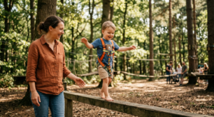 Une famille partageant un moment de complicité dans un parc accrobranche ombragé, avec un jeune enfant s'essayant à un parcours adapté sous le regard bienveillant de ses parents.