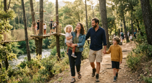Une famille avec de jeunes enfants s'amusant dans un parc d'accrobranche naturel et ombragé en bord de rivière.