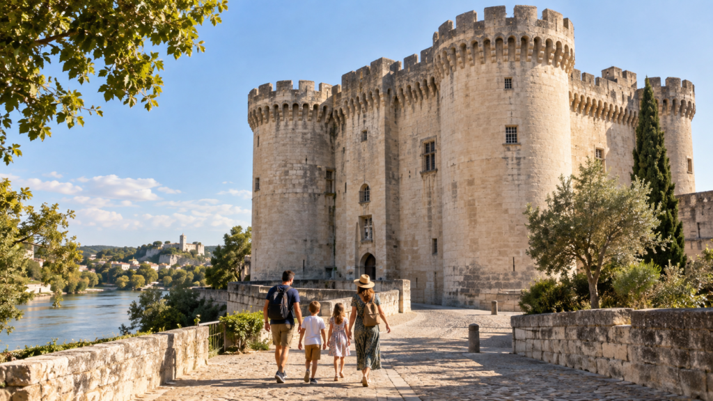 Famille en balade devant le Château de Tarascon dans les Bouches-du-Rhône