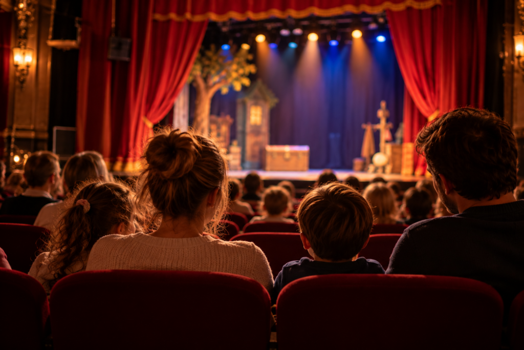 Famille assistant à un spectacle pour enfants dans un théâtre à Nice