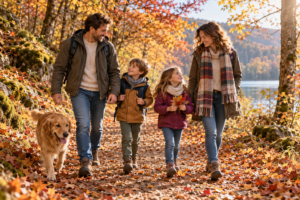 Famille avec enfants en balade pendant les vacances de la Toussaint