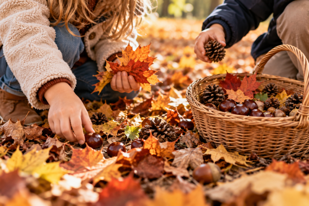 Enfants ramassant des feuilles et trésors d’automne pendant la Toussaint