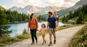 Une famille avec de jeunes enfants se promène sur un sentier plat et accessible bordant un lac de montagne paisible à Valberg. Les sommets alpins et les mélèzes se reflètent dans l'eau claire sous un soleil doux.