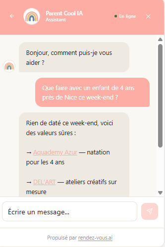 Exemple de recherche d'activité enfant avec le chatbot Parent Cool.