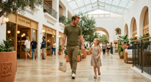 Une famille avec un enfant en bas âge marchant tranquillement dans l'allée lumineuse et moderne du centre commercial Nice TNL, ambiance calme et accueillante.