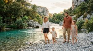 Une famille avec de jeunes enfants se promène sur les galets au bord de la rivière Estéron, dans l'arrière-pays niçois, sous un soleil doux de fin d'après-midi.