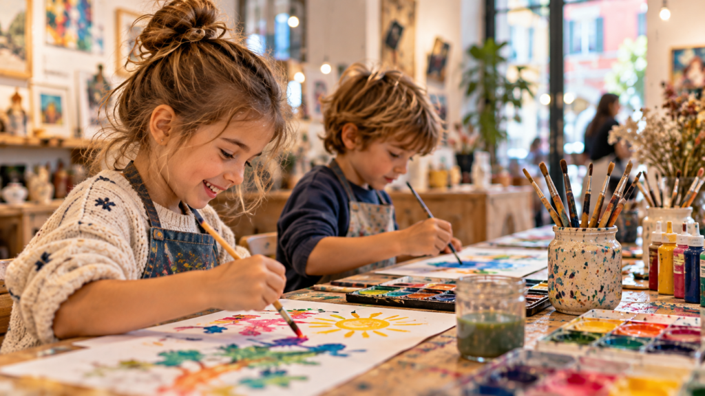 Enfants participant à un atelier de peinture et de dessin, une activité créative en intérieur pour les jours de pluie.