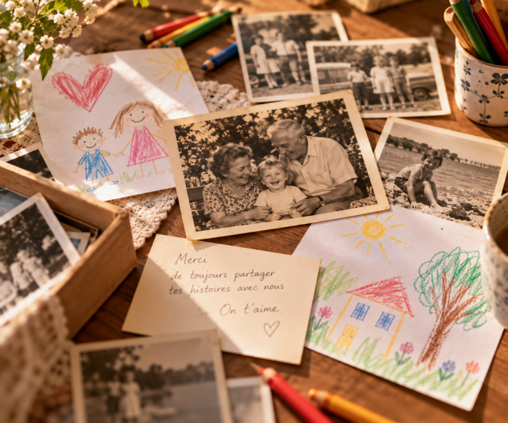 Photographies de famille anciennes et dessins d'enfants disposés sur une table