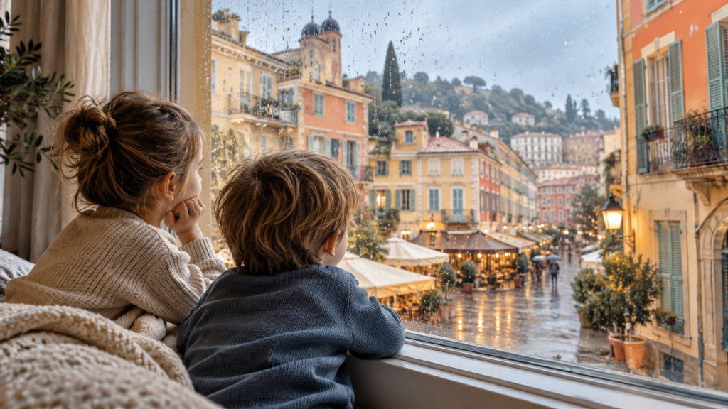 Deux enfants regardent la pluie tomber sur Nice depuis une fenêtre, idée de sortie en famille par temps de pluie
