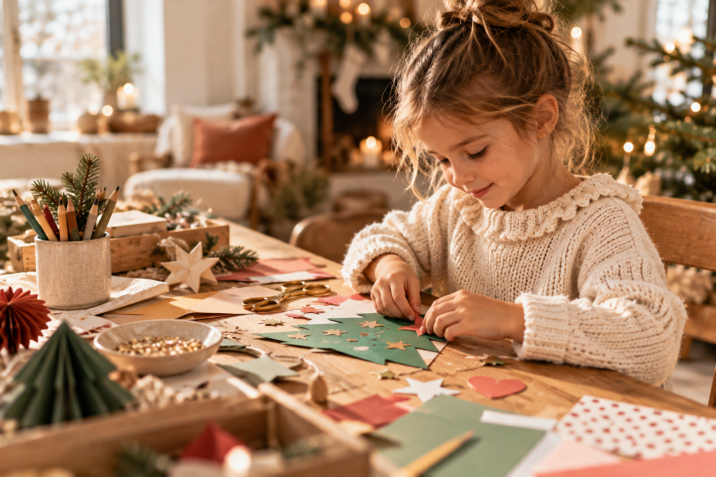Enfant réalisant une activité créative à la maison, une idée cadeau de Noël pour les 3 à 5 ans.