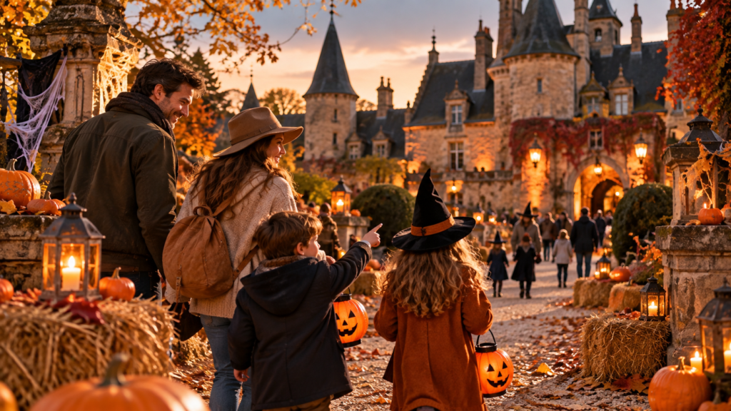 Famille découvrant un lieu décoré pour Halloween avec des enfants