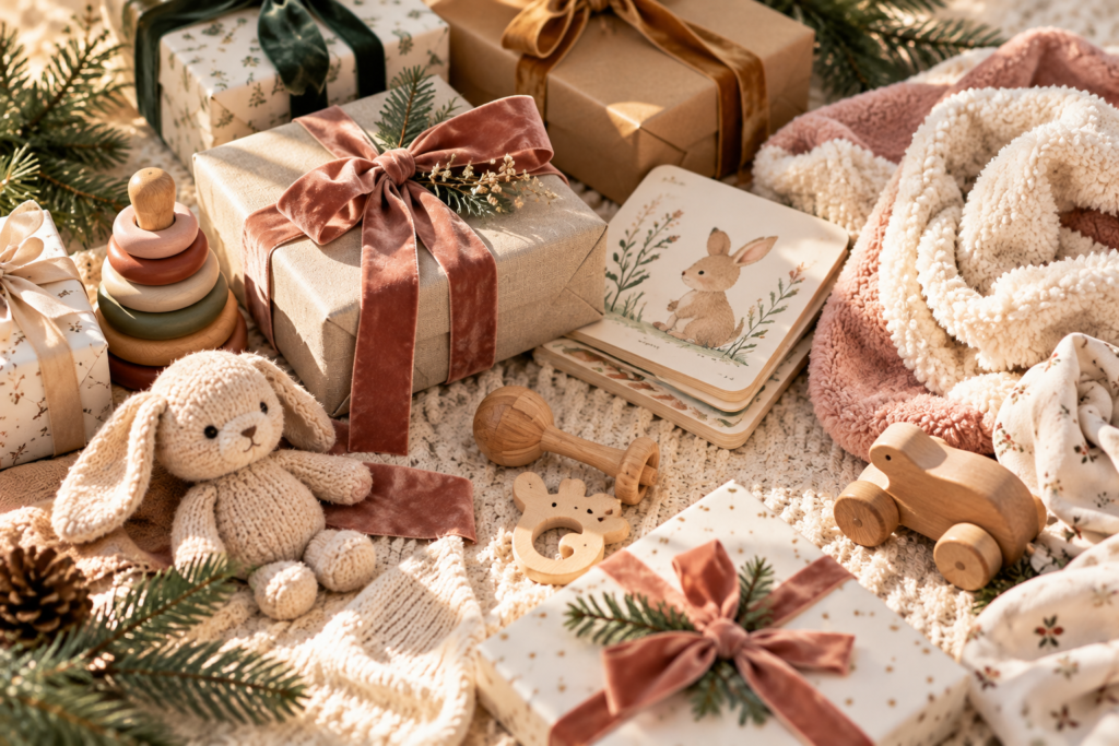Idées cadeaux de Noël pour bébé avec jouets d'éveil, livre et accessoires textiles.
