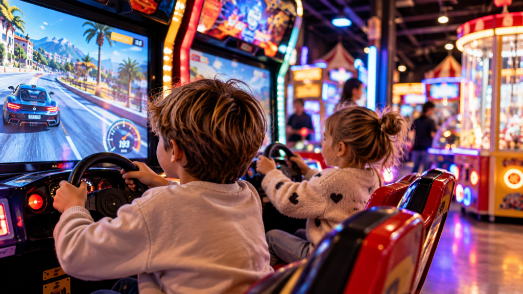 Enfants jouant aux bornes d'arcade dans une salle de jeux indoor, une activité à faire à Nice quand il pleut.