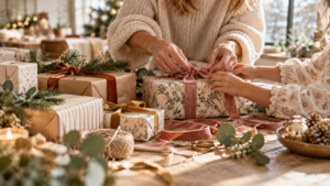 Un parent et son enfant préparent des cadeaux de Noël emballés avec soin, pour illustrer les idées cadeaux de Noël en famille proposées par Parent Cool.