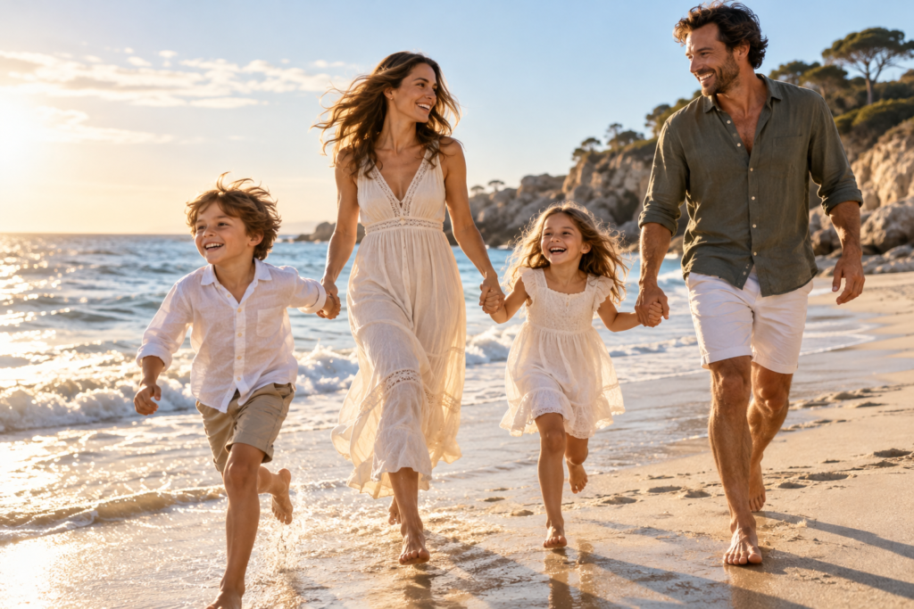 Famille avec enfants jouant sur une plage lors d'une séance photo en Vendée — si l'image représente réellement ce lieu.