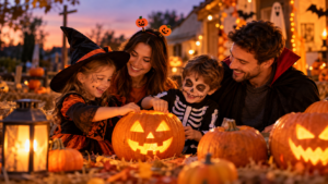 Famille avec enfants fêtant Halloween autour de citrouilles décorées