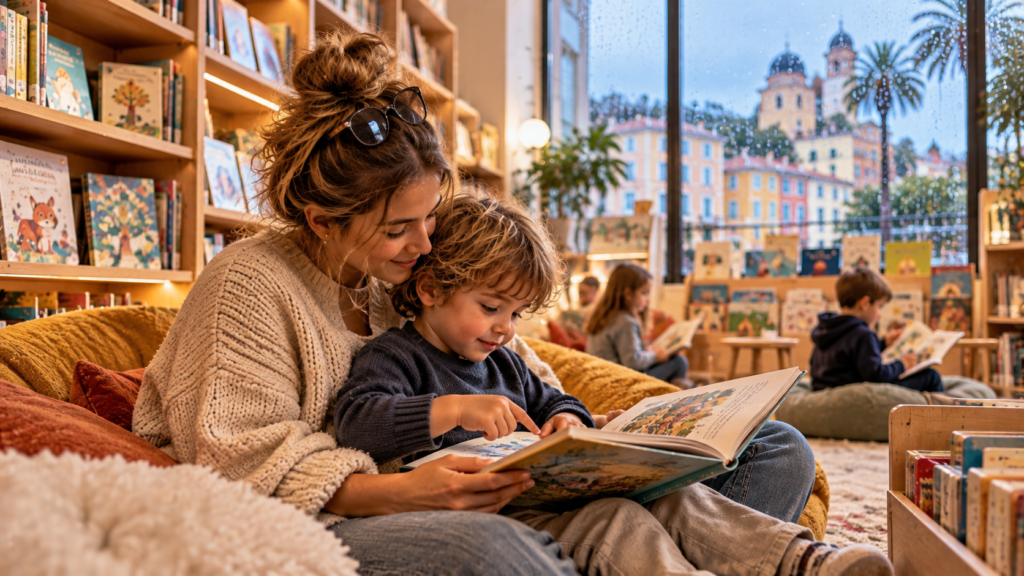 Une maman lit un livre illustré avec son jeune enfant dans une bibliothèque, une activité calme à faire quand il pleut.