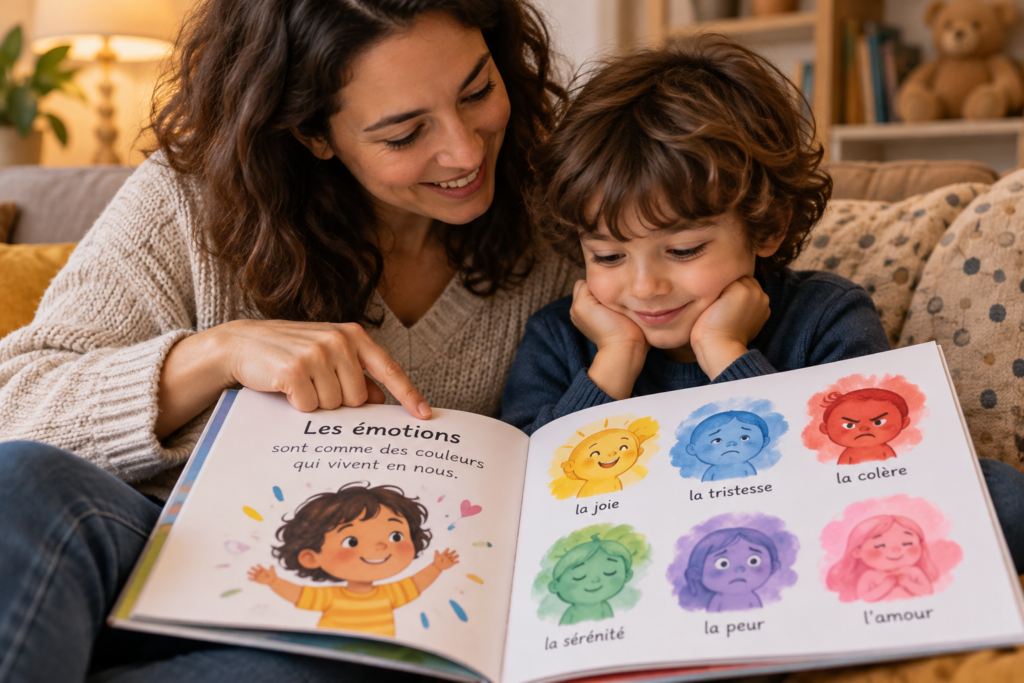 Parent et enfant découvrant ensemble un livre jeunesse illustré pour parler des émotions.