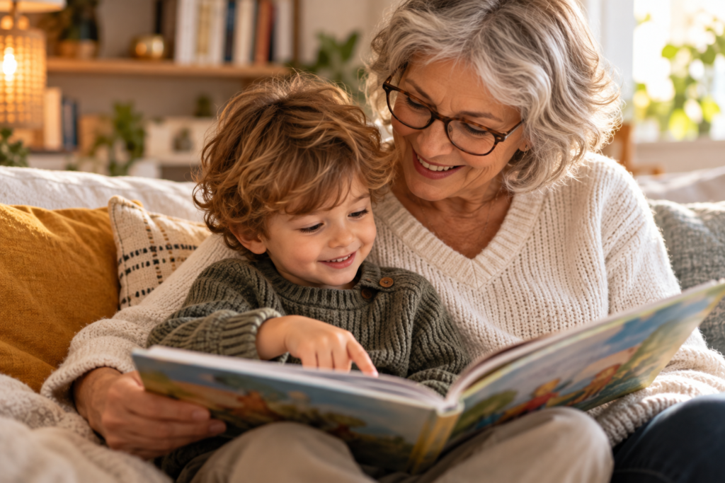 Grand-mère partageant un moment de lecture avec son petit-enfant pour transmettre des histoires en famille.