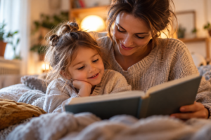 Une maman lit un livre avec sa fille pour aborder les émotions et les sujets difficiles avec les enfants.