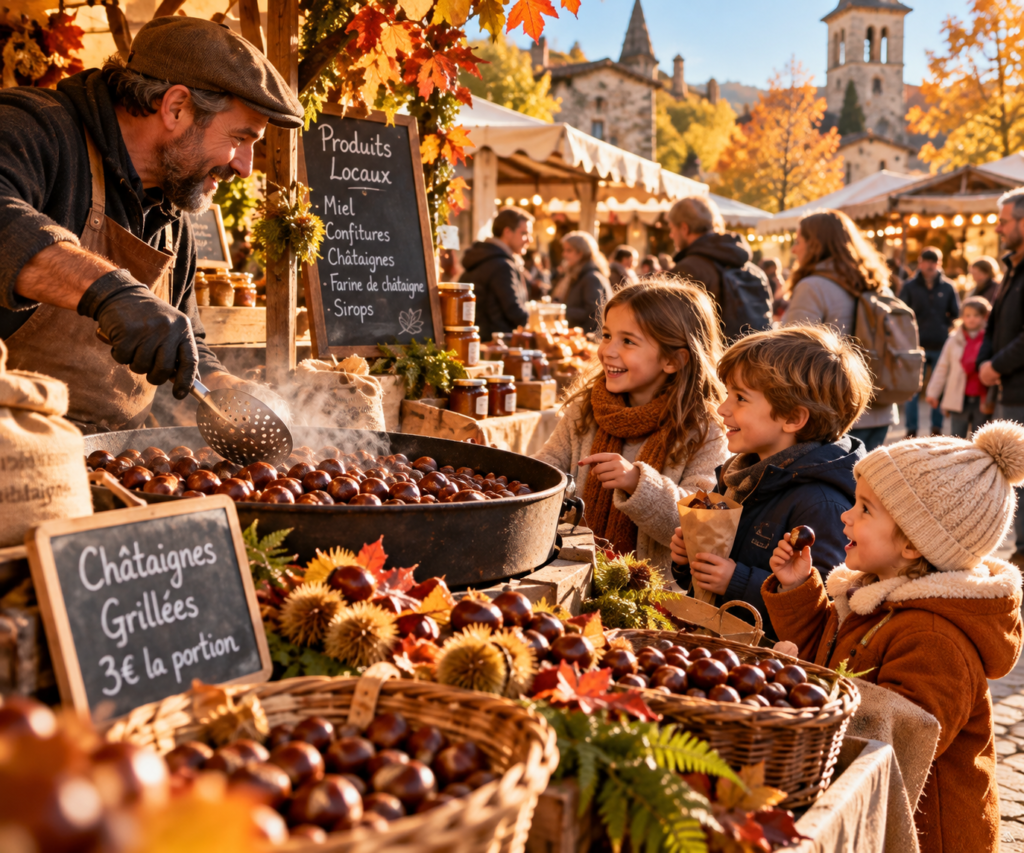 Enfants découvrant une fête de la châtaigne en novembre avec marché et producteurs