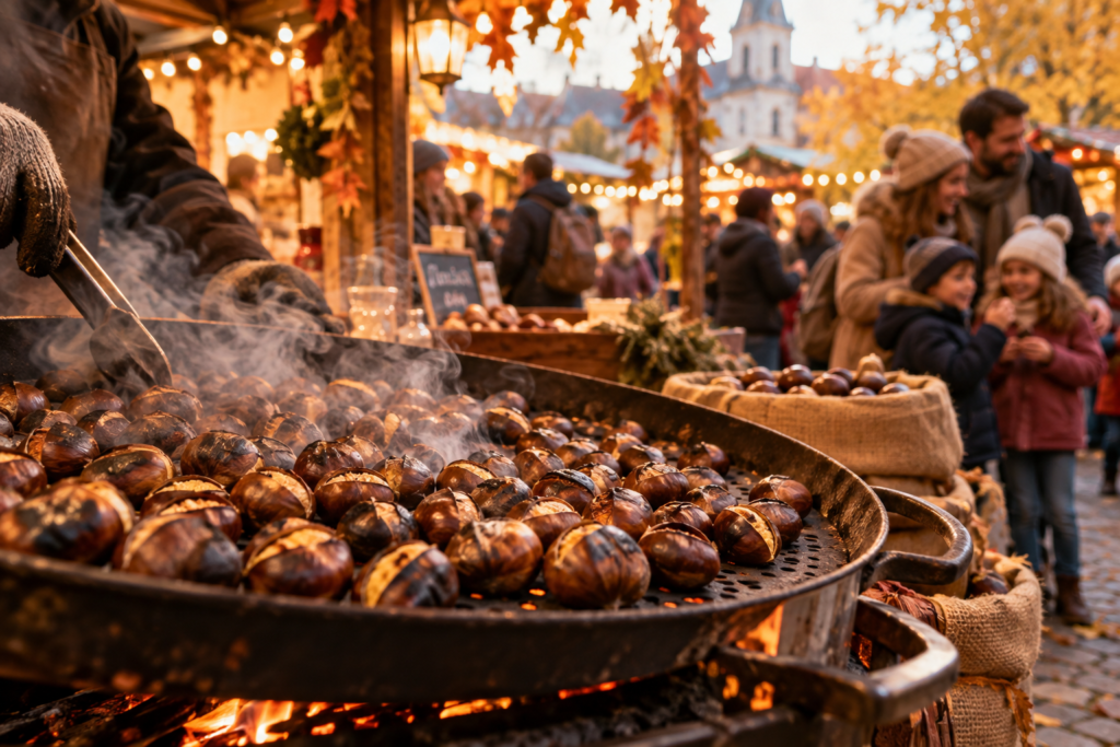 Châtaignes grillées sur un marché lors d’une fête de la châtaigne en France